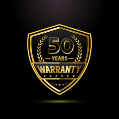 Obraz premium Luxury 50 years warranty with golden shield shape. for label, seal, stamp, icon, logo, badge