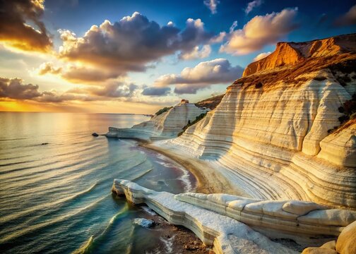 Vintage Sicilian Coastline: White Cliff Staircase at Realmonte Beach