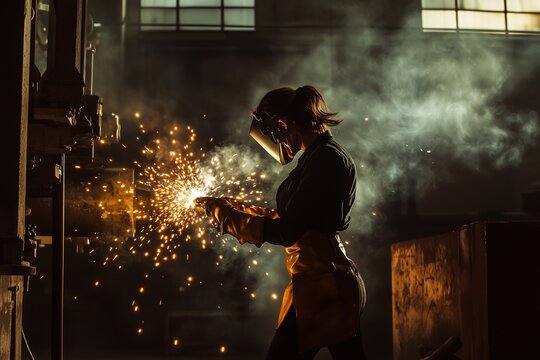 A determined female welder in action, surrounded by sparks and smoke in an industrial workshop, highlighting empowerment and skill in a traditionally male profession. Generative AI.