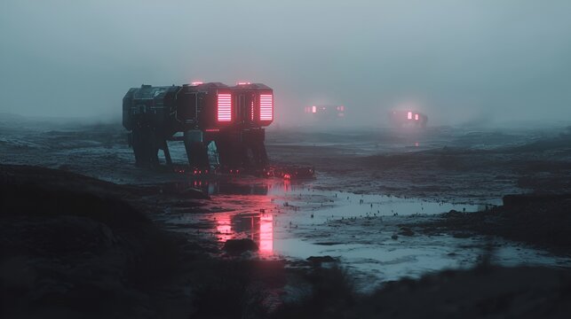 Futuristic robots traverse foggy swamp, science fiction scene