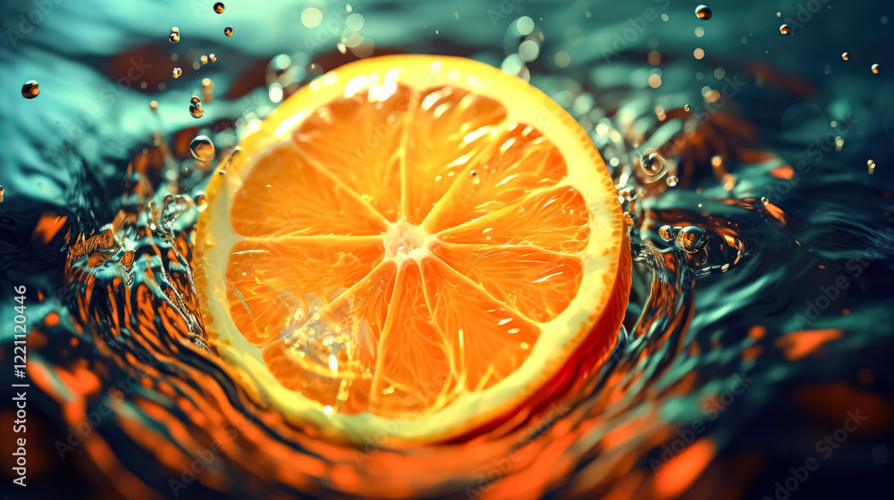Aufkleber slice of orange is floating in a pool of water. the orange is surrounded by ripples and splashes, cr