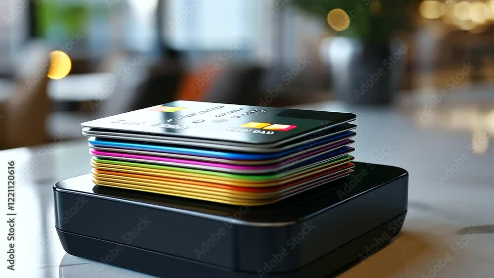 Poster an elegant pos terminal paired with a stack of multi-colored credit cards resting on a polished whit