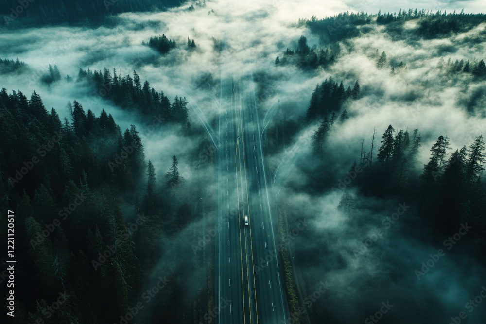 Poster mysterious rural highway surrounded by dense fog and towering trees captured from a drone perspectiv