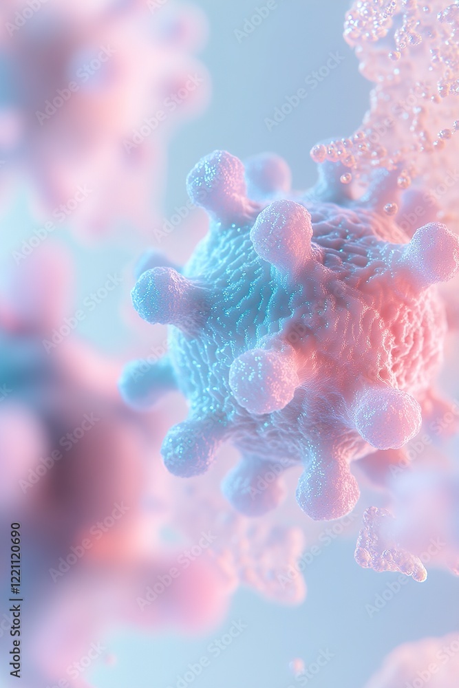Poster a virus is suspended in a liquid-like setting, illuminated by soft blue and pink tones, with swirlin