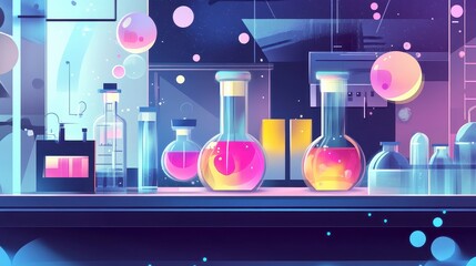 Particulate matter flat design side view laboratory experiment theme cartoon drawing triadic color scheme.