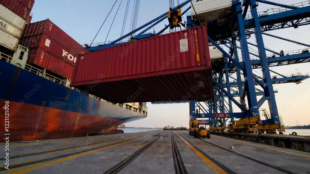 Poster shipping dock with giant container ships being loaded by cranes, stacks of colorful containers, and 