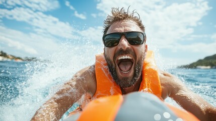A joyful man with sunglasses enjoys a thrilling ride on a jet ski, creating splashes as he shouts with excitement against a backdrop of blue skies and water.