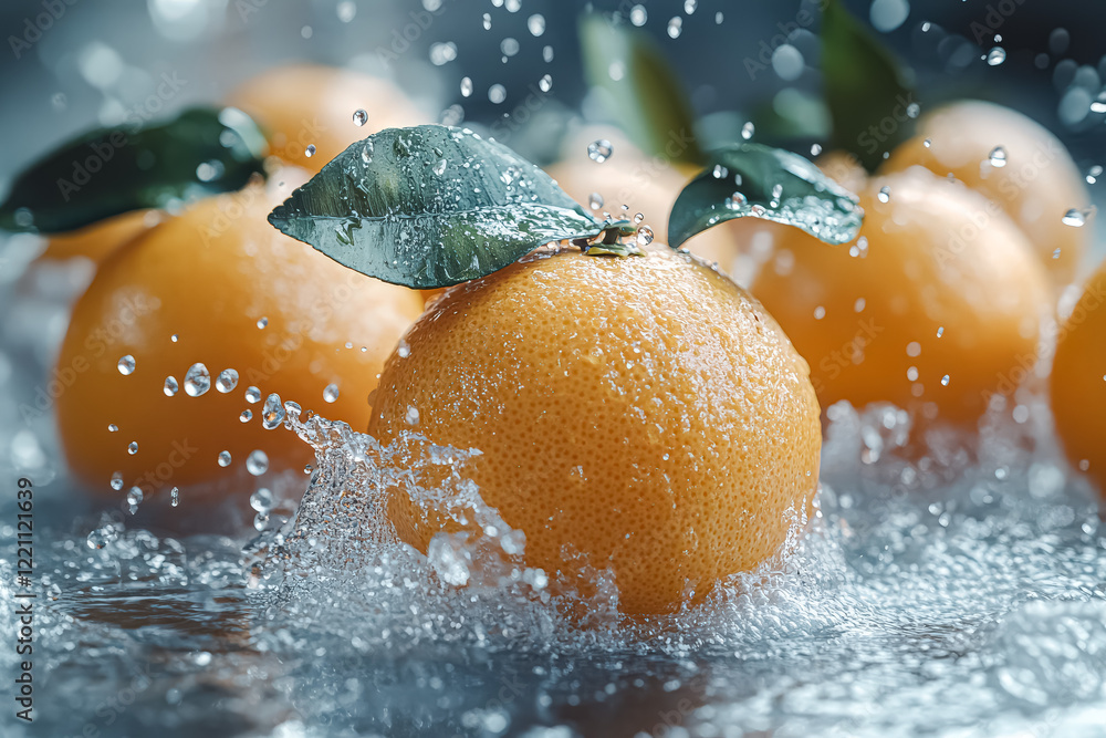 Poster group of oranges are being washed in a stream of water. the water droplets are falling on the orange