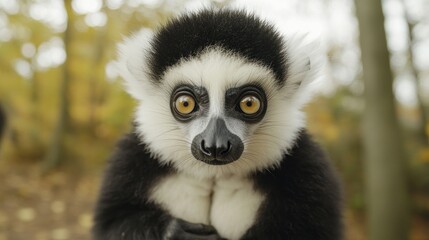 Naklejka premium A Black And White Lemur Gazes Directly At The Camera