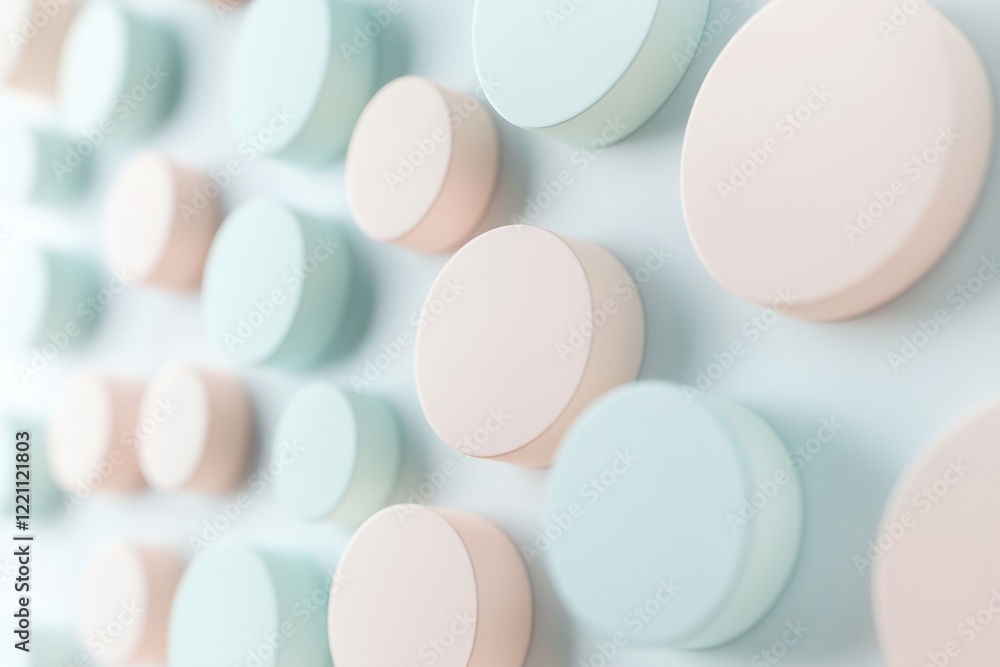 Poster various circular elements in soft pastel colors are arranged in an orderly fashion against a light b
