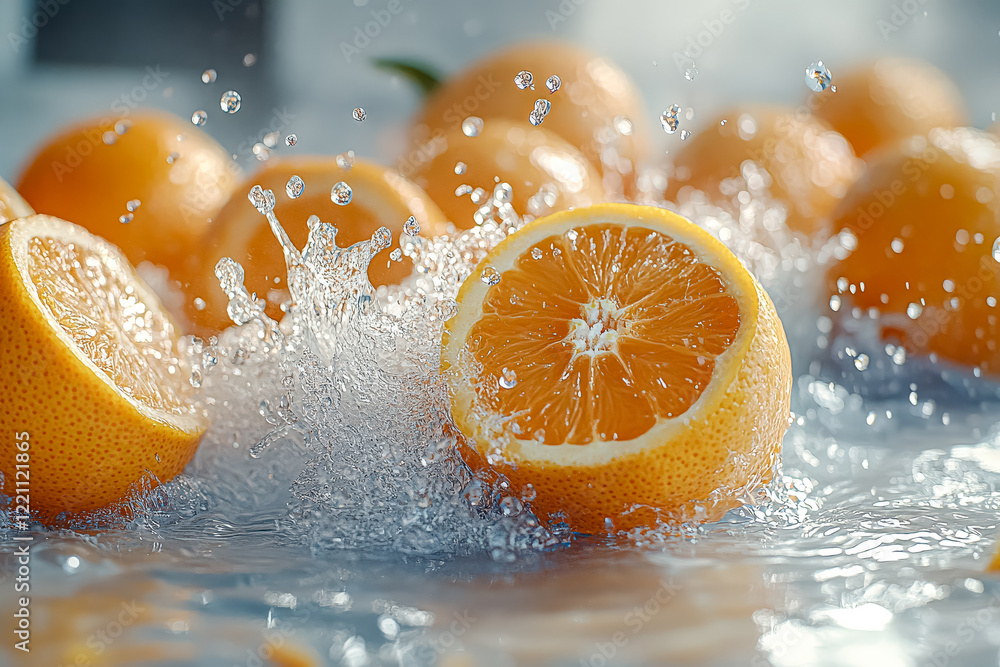 Aufkleber group of oranges are being washed in a stream of water. the water droplets are falling on the orange