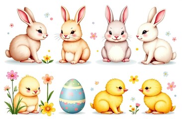 Obraz premium set of pictures of stickers for printing. Hand drawn Easter holiday collection with cute bunnies, pastel colored eggs, yellow chicks, seamless border and bouquets of primroses with daisies. Ideal for 