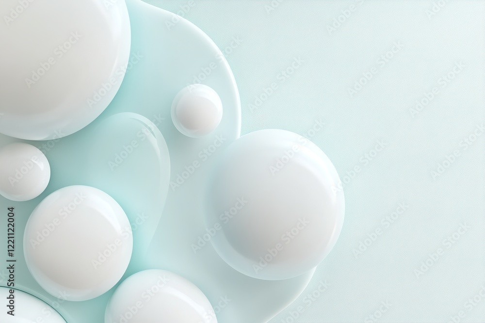 Poster various sizes of glossy white spheres float atop a soft blue surface, evoking a calm and serene atmo
