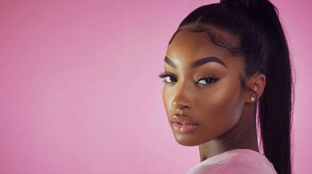 Woman with sleek ponytail and flawless makeup poses against pink background