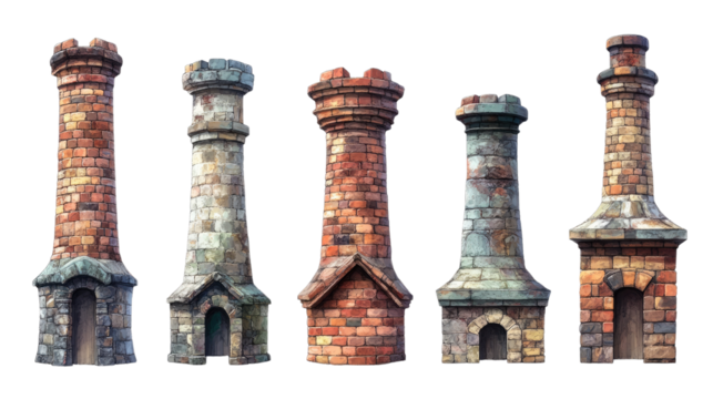 Architectural Chimney Showcase: A detailed display of five uniquely designed chimneys, showcasing the artistry and diverse styles of architectural elements.