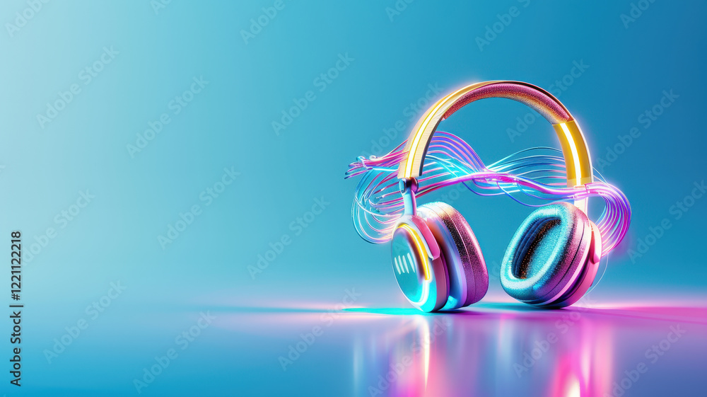 Poster stylized visual of headphone with swirling colors and vibrant light effects, creating dynamic and en