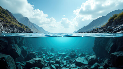 Underwater view of a mountainous coastline with rocks and clear blue water, symbolizing ecological preservation and sustainable development.