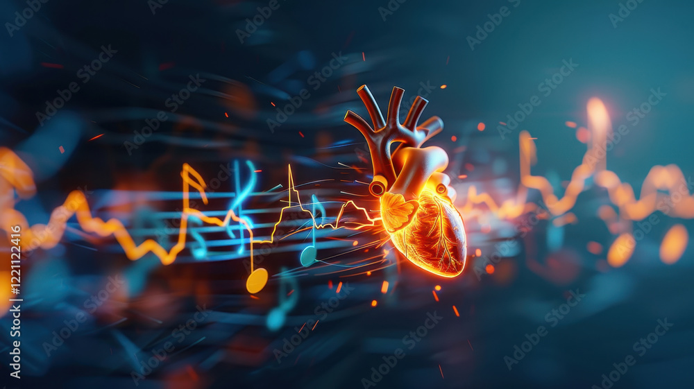 Poster surreal visual of heartbeat transforming into musical notes, symbolizing connection between emotions