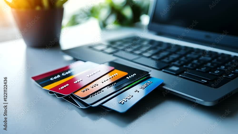 Poster close-up of a pos terminal with a stack of vibrant credit cards beside it on a smooth white countert