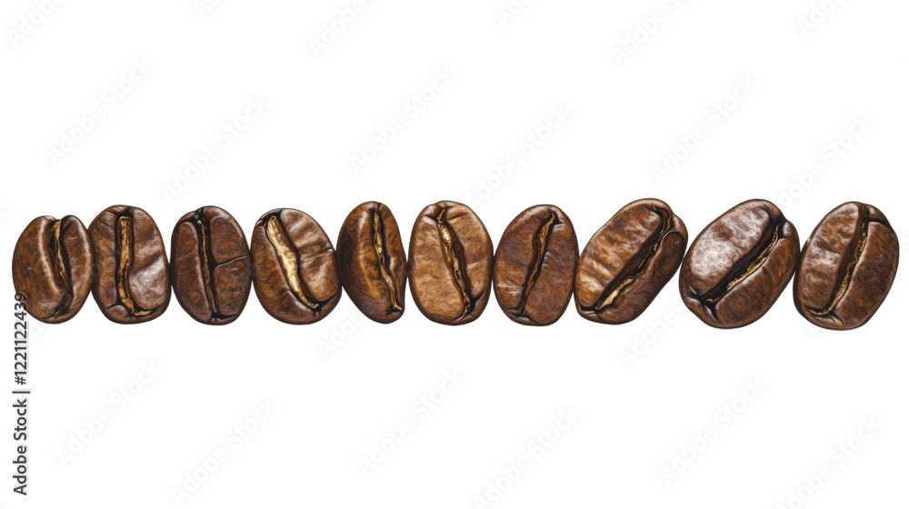 Poster a close-up image shows eight roasted coffee beans arranged in a single horizontal row against a blac