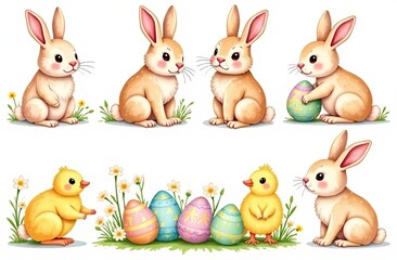 Fototapeta premium set of pictures of stickers for printing. Hand drawn Easter holiday collection with cute bunnies, pastel colored eggs, yellow chicks, seamless border and bouquets of primroses with daisies. Ideal for 