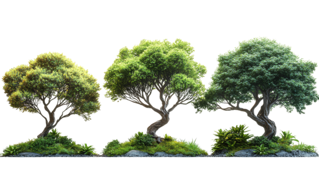 Serene Trio: Lush Bonsai Trees: A captivating display of meticulously crafted bonsai trees, each a miniature masterpiece of nature's artistry, showcasing verdant foliage and elegantly sculpted forms.