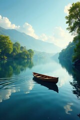 Obraz premium Gentle ripples on the lake's surface, a wooden rowboat glides across, reflection, peaceful