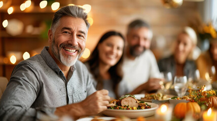 joyful family gathering around Thanksgiving feast in warm, rustic home, sharing delicious food and creating cherished memories together
