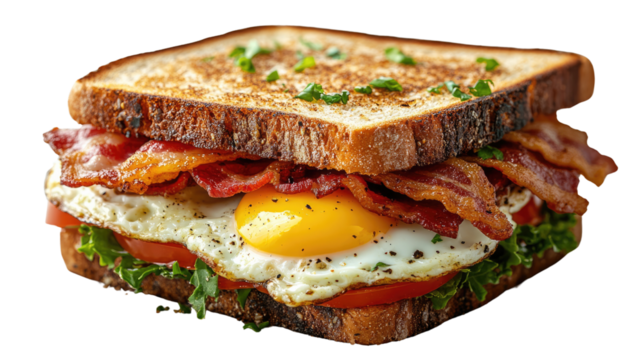The Ultimate Sandwich: A tantalizing sandwich, expertly crafted with golden-brown toasted bread enveloping crispy bacon, a perfectly cooked sunny-side-up egg, fresh lettuce, and vibrant tomato slices