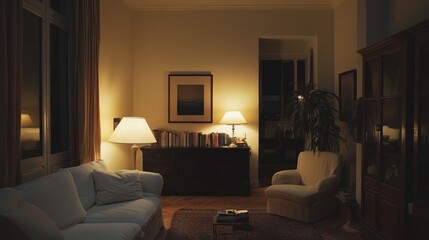Warmly Lit Evening Living Room Interior Scene