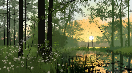 Fototapeta premium Beautiful landscape of a tranquil forest with a serene pond and sunrise reflection