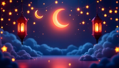 3D rendering of a Ramadan lantern decoration with a glowing red light, golden crescent moon, hanging stars, dark blue sky, and soft illuminated clouds, creating a serene and festive atmosphere.
