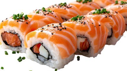 Salmon Sushi Rolls: Delicious and visually appealing salmon sushi rolls, meticulously crafted with fresh ingredients, displayed in a mouthwatering close-up.
