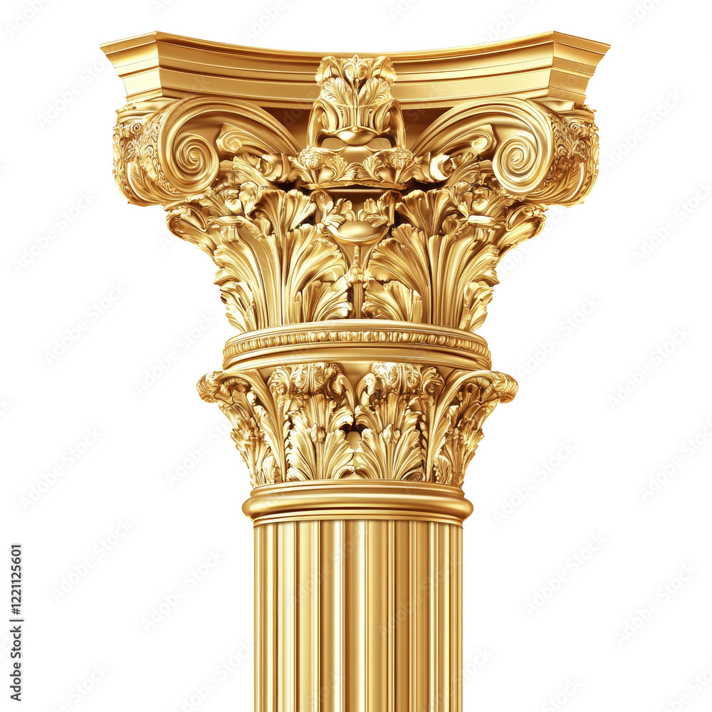 Poster The image shows a detailed rendering of a golden Corinthian column against a black background showcasing its intricate carvings and opulent design.