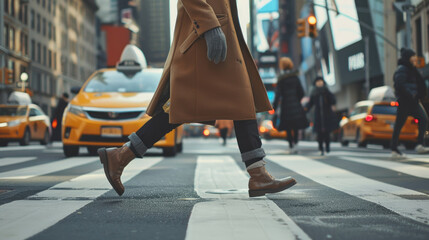 Urban Street Scene with Pedestrian Crossing and Yellow Taxis in Bustling City Environment