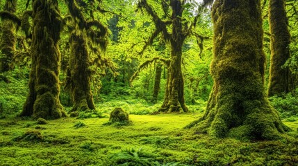 Naklejka premium Moss Covered Trees in a Lush Green Forest