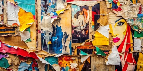 Fototapeta premium Vintage Torn Street Poster Collage Background Texture: Creased, Crumpled, Ripped Paper Backdrop