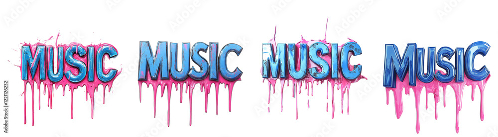 Poster the image showcases a stylized representation of the word music four times, rendered in glossy blue 