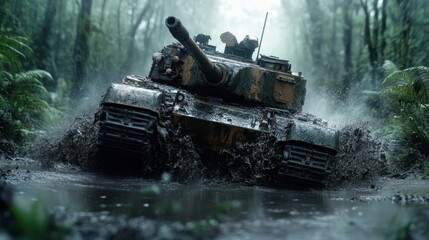 An impressive image capturing a military tank splashing through a waterlogged trail, showcasing its power and tenacity against the backdrop of a lush forest environment.