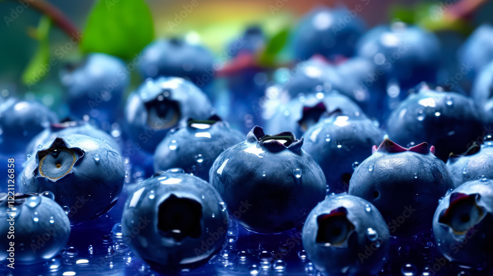 Poster close up of blueberries with water droplets on them. the blueberries are arranged in a way that they