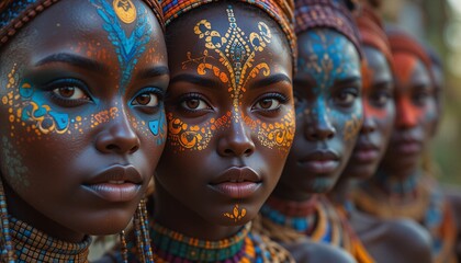 Women from African tribes with bright, colorful face paint, well-composed shot, with a shallow depth of field, highly detailed, and ample space for text.