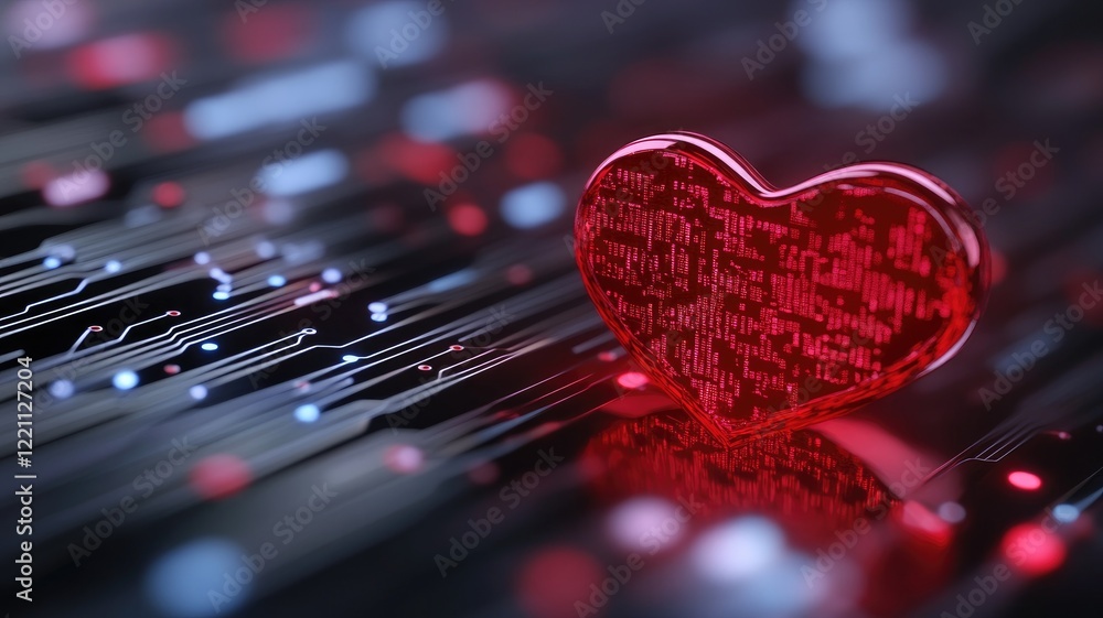 Poster digital heart symbol with circuit board background indicating technology and love connection