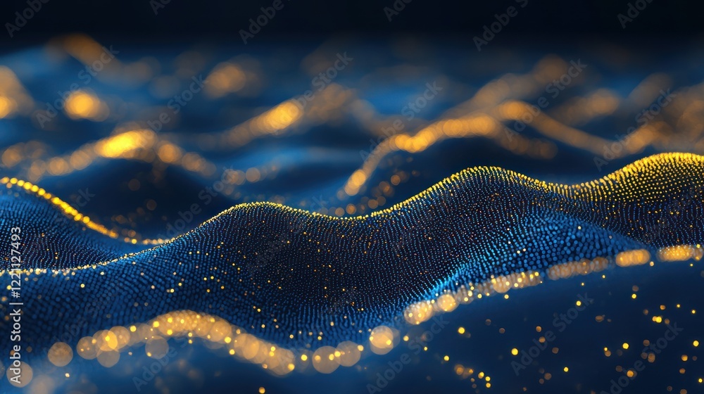 Poster abstract blue and gold digital wave landscape: a mesmerizing visual of data flow and technological i