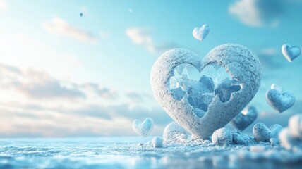 Fototapeta premium Frosty heart shapes in icy landscape with clouds