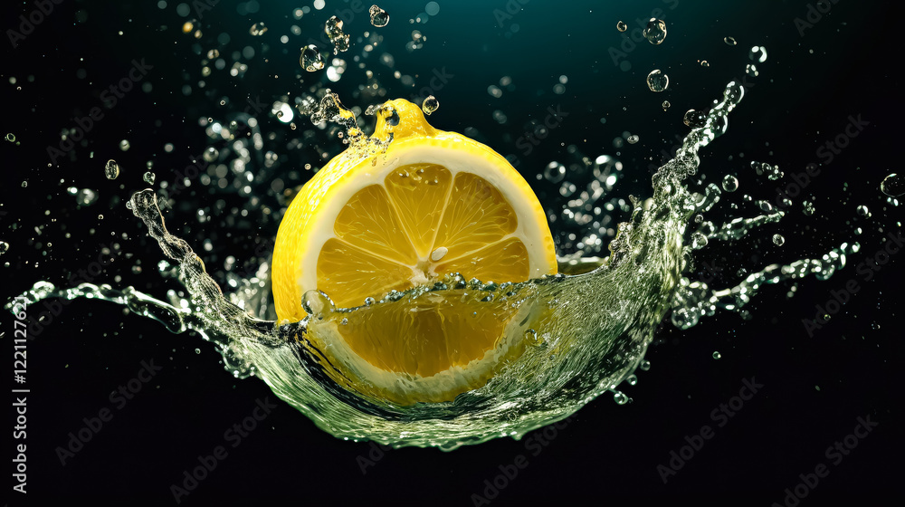 Poster splash of water with a lemon in it. the splash is in the center of the image and the lemon is on the