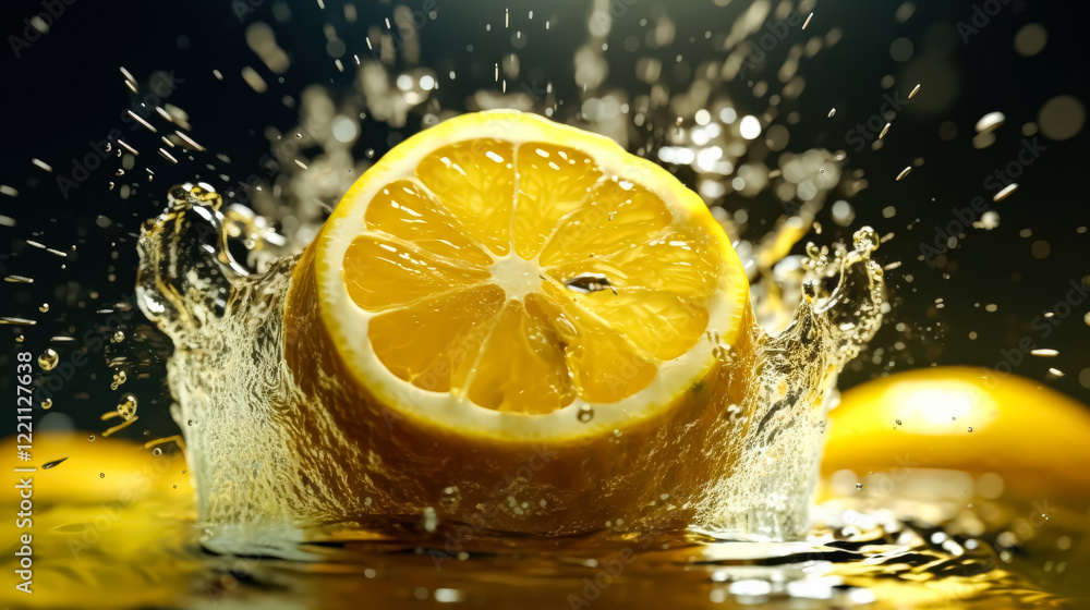 Aufkleber splash of water with a lemon in it. the splash is in the center of the image and the lemon is on the