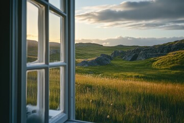 Fototapeta premium A peaceful view of rolling green hills and rocky formations illuminated by the soft glow of sunset, seen through a cozy window, inviting tranquility and nature's beauty indoors.
