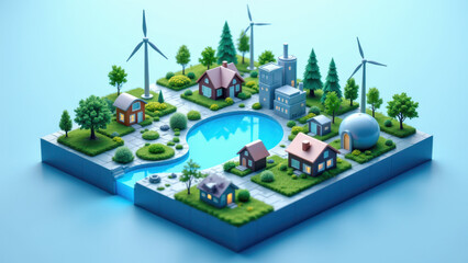 Eco-friendly island community with renewable energy sources.