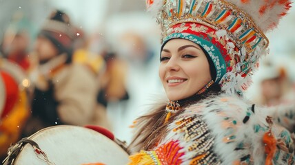Smiling woman in traditional headdress, celebrating cultural festival