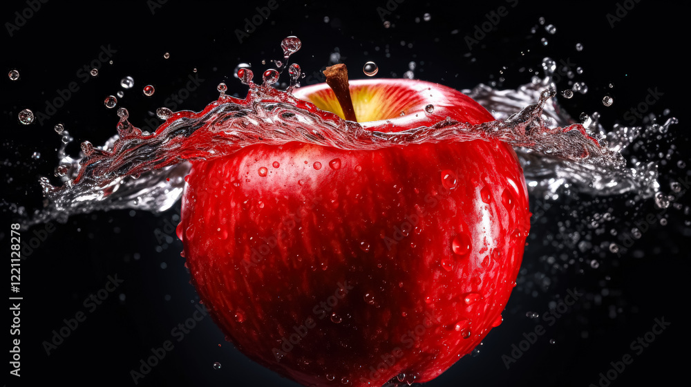 Poster red apple is floating in a pool of water. the apple is surrounded by a splash of water, and the imag